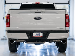 AWE 0FG Dual Split Rear Exhaust for '21+ Ford F-150 - 5" Chrome Silver Tips - Mounted