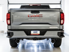 AWE 0FG Catback Split Rear Exit Exhaust for 4th Gen Silverado/Sierra 1500 5.3L (Flat Bumper) - Dual Chrome Silver Tips - Mounted
