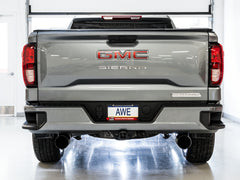 AWE 0FG Catback Split Rear Exit Exhaust for 4th Gen Silverado/Sierra 1500 5.3L (Flat Bumper) - Dual Diamond Black Tips - Mounted