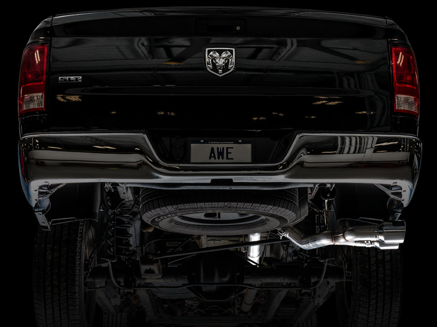 AWE 0FG Single Side Exit Catback Exhaust for 4th Gen RAM 1500 5.7L (without bumper cutouts) - Dual Chrome Tips - Mounted