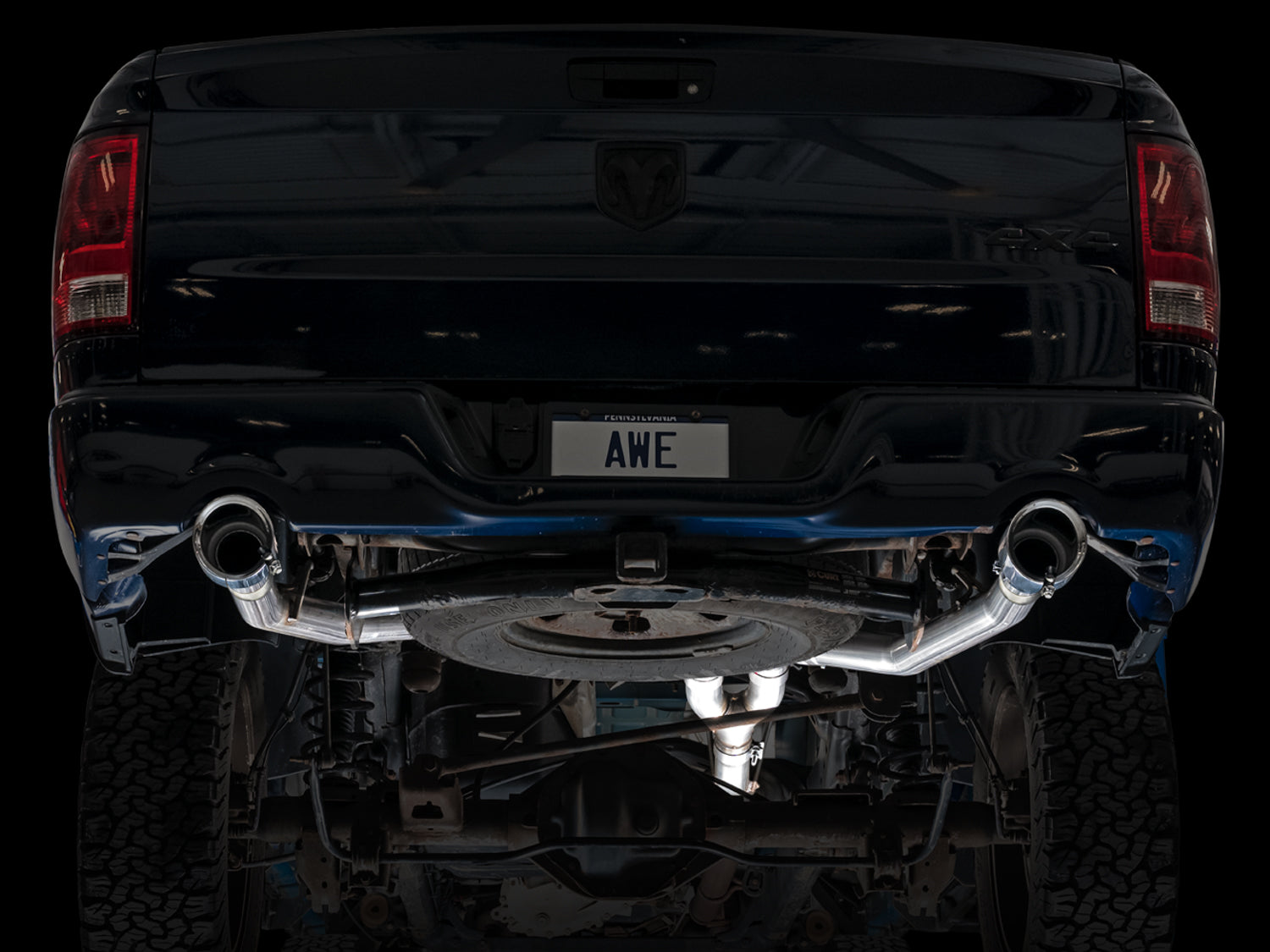 AWE 0FG Dual Rear Exit Catback for 4th Gen RAM 1500 5.7L (with bumper cutouts) - Chrome Silver Tips - Mounted