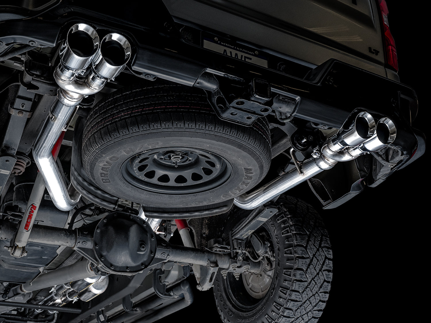 AWE 0FG Catback Split Rear Exit Exhaust for 4th Gen Silverado/Sierra 1500 6.2L (with bumper cutouts) - Quad Chrome Silver Tips - Mounted