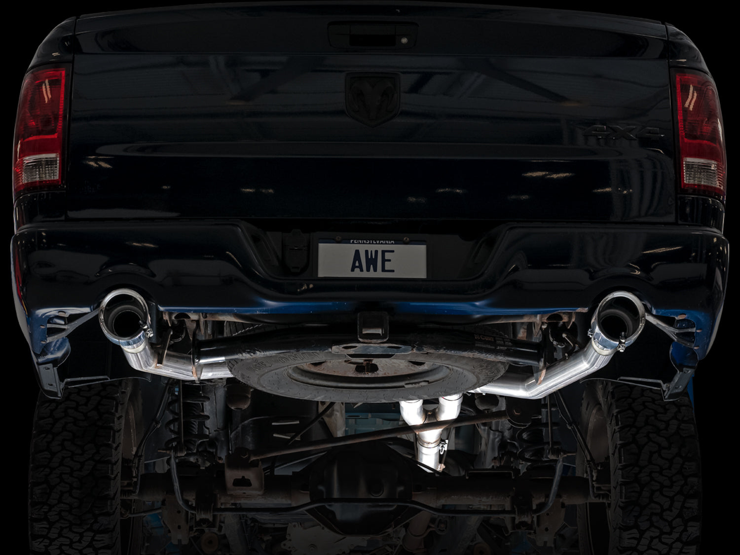 AWE 0FG Dual Rear Exit Catback for 4th Gen RAM 1500 5.7L (with bumper cutouts) - Chrome Silver Tips - Mounted