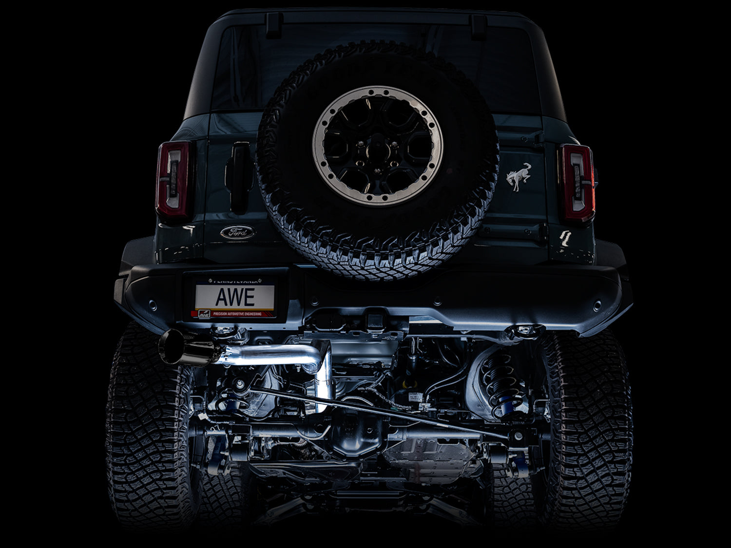 AWE 0FG Catback Exhaust for Ford Bronco with BashGuard™ - Single 5" Diamond Black Tip - Mounted