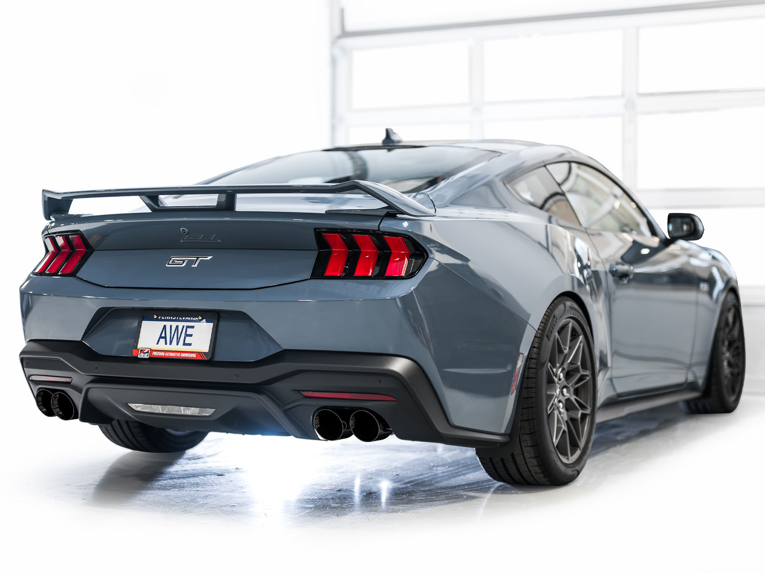 AWE Track Edition Exhaust for S650 Ford Mustang GT Fastback - Quad Diamond Black Tips - Mounted