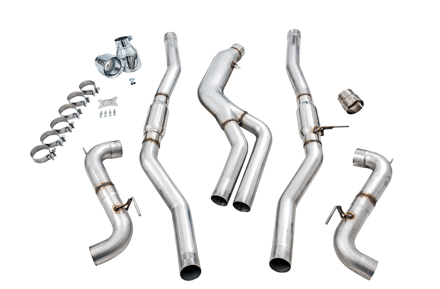 AWE Resonated Track Edition Exhaust for A90 Supra - 5" Chrome Silver Tips - out of package