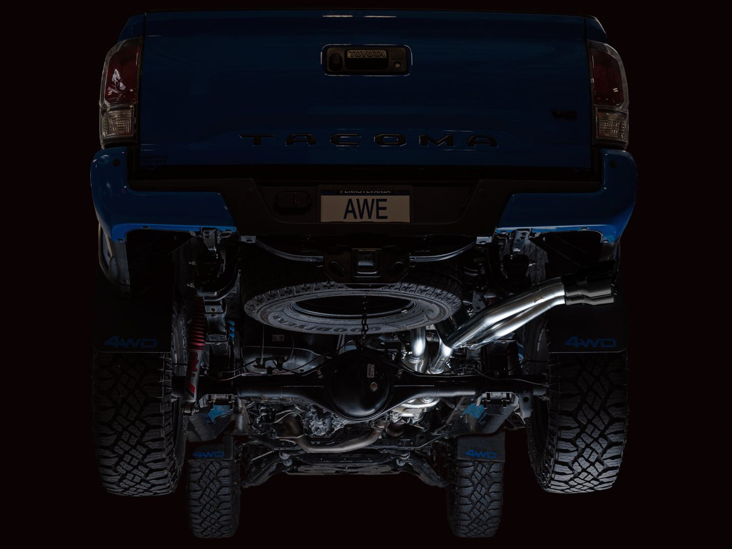 AWE 0FG Exhaust with BashGuard for 3rd Gen Tacoma - Dual Diamond Black Tips - Mounted