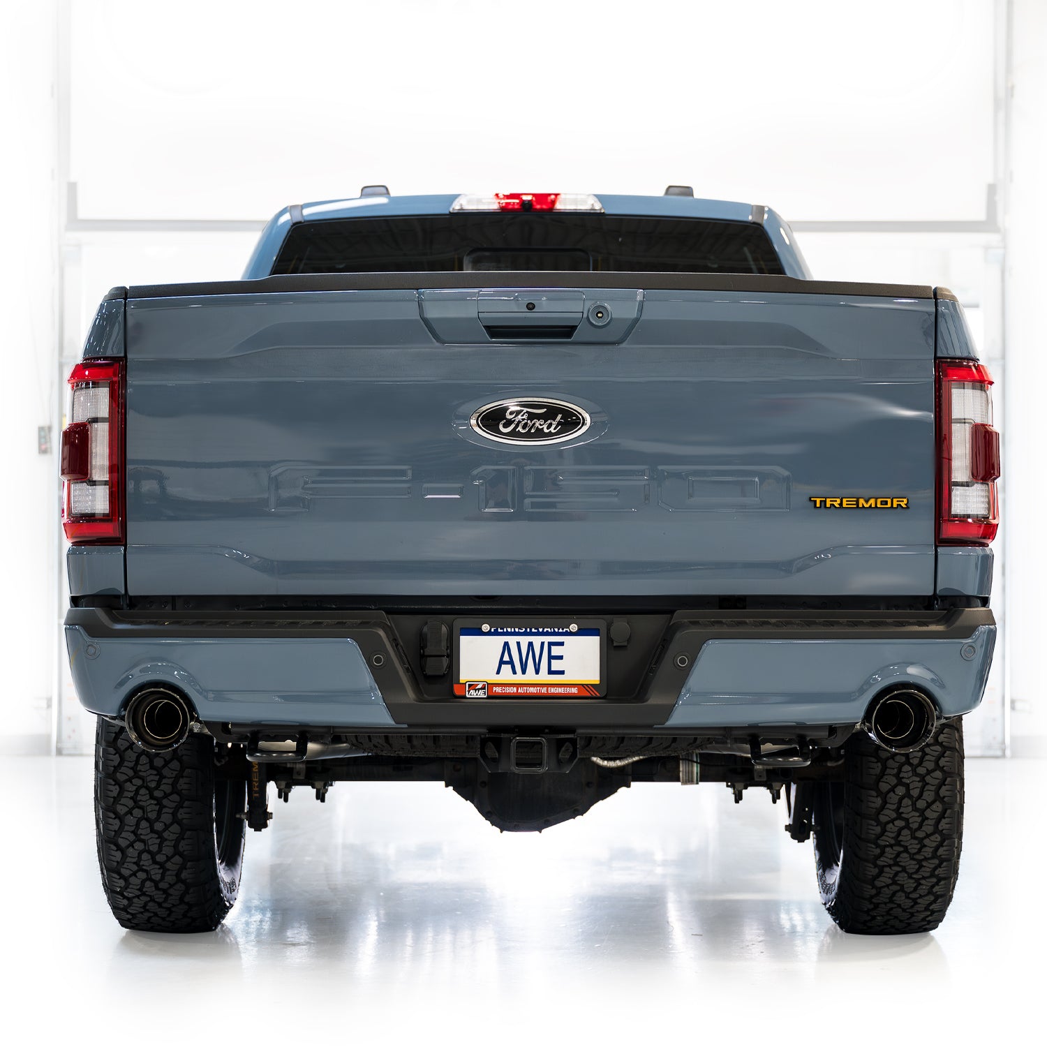 AWE 0FG Resonated Catback for '21+ Ford F-150 Tremor (With Bumper Cutouts) - Diamond Black Tips - Mounted