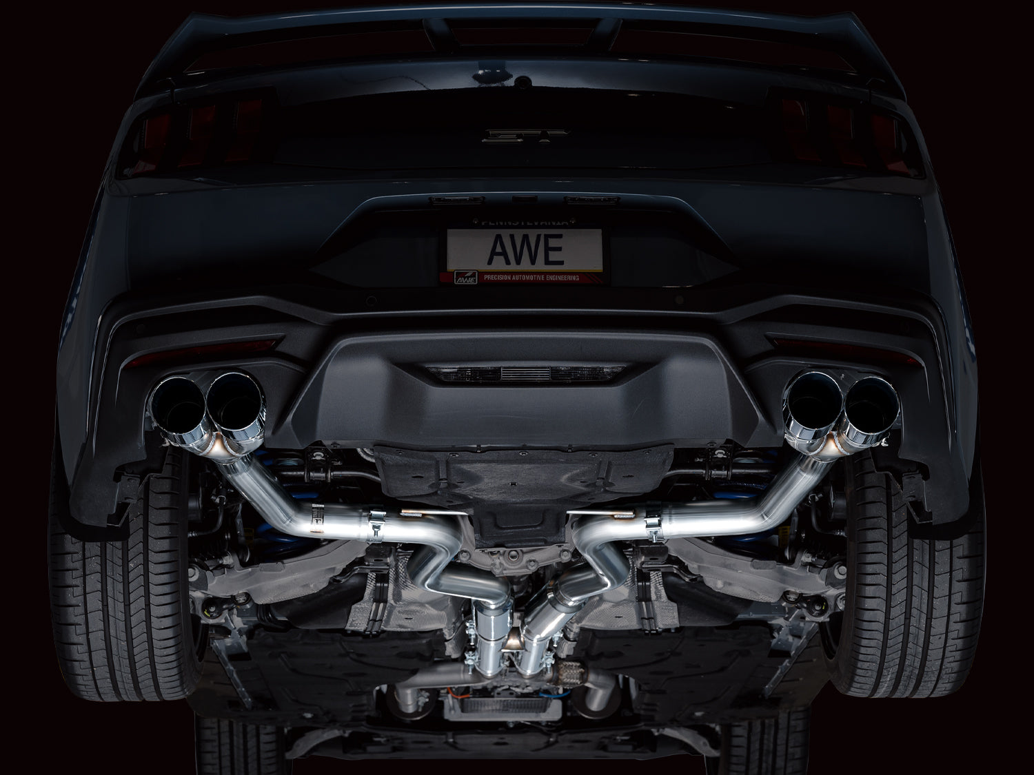 AWE Track Edition Exhaust for S650 Ford Mustang GT Fastback - Quad Chrome Silver Tips - Mounted