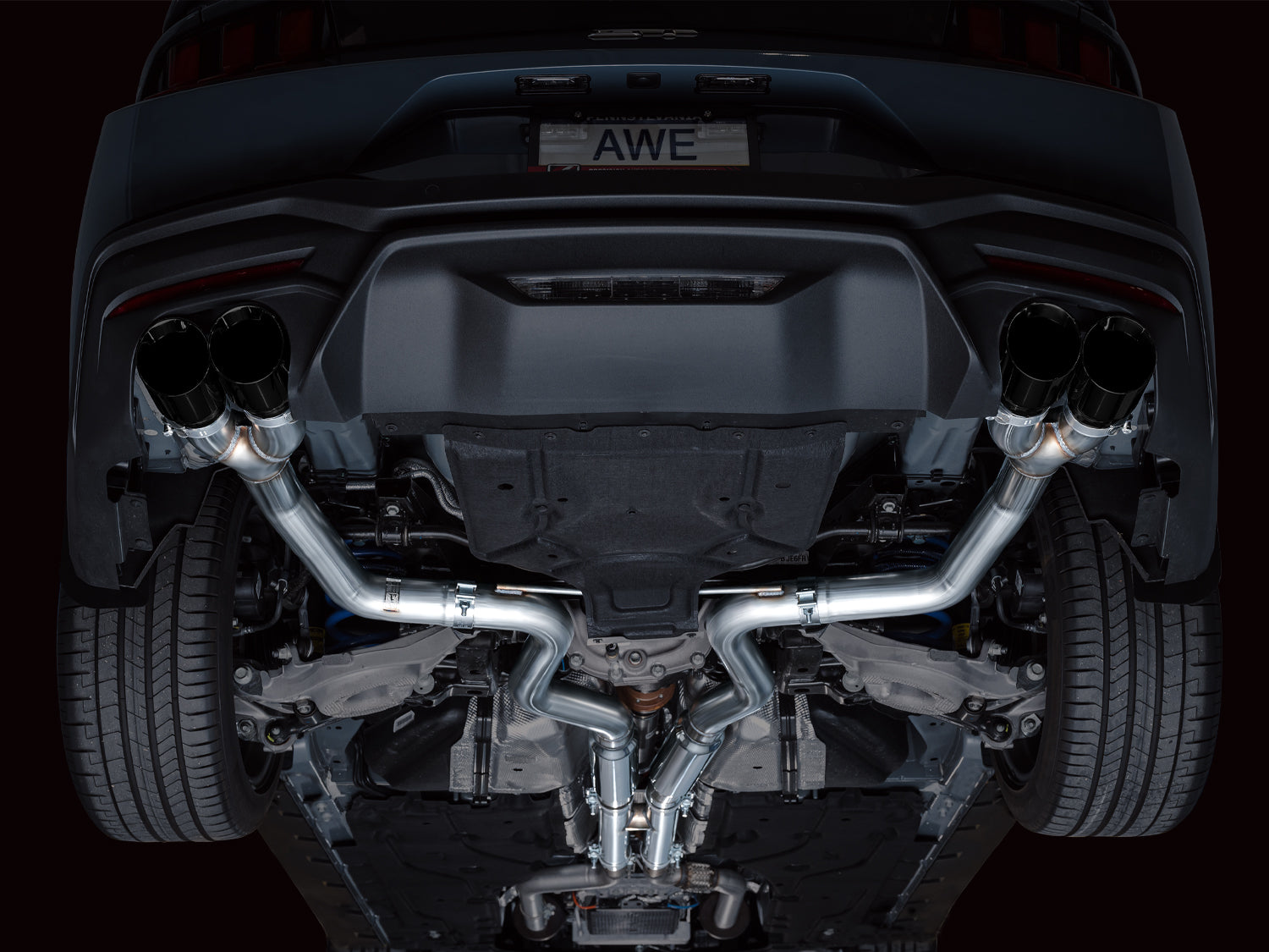 AWE Track Edition Exhaust for S650 Ford Mustang GT Fastback - Quad Diamond Black Tips - Mounted