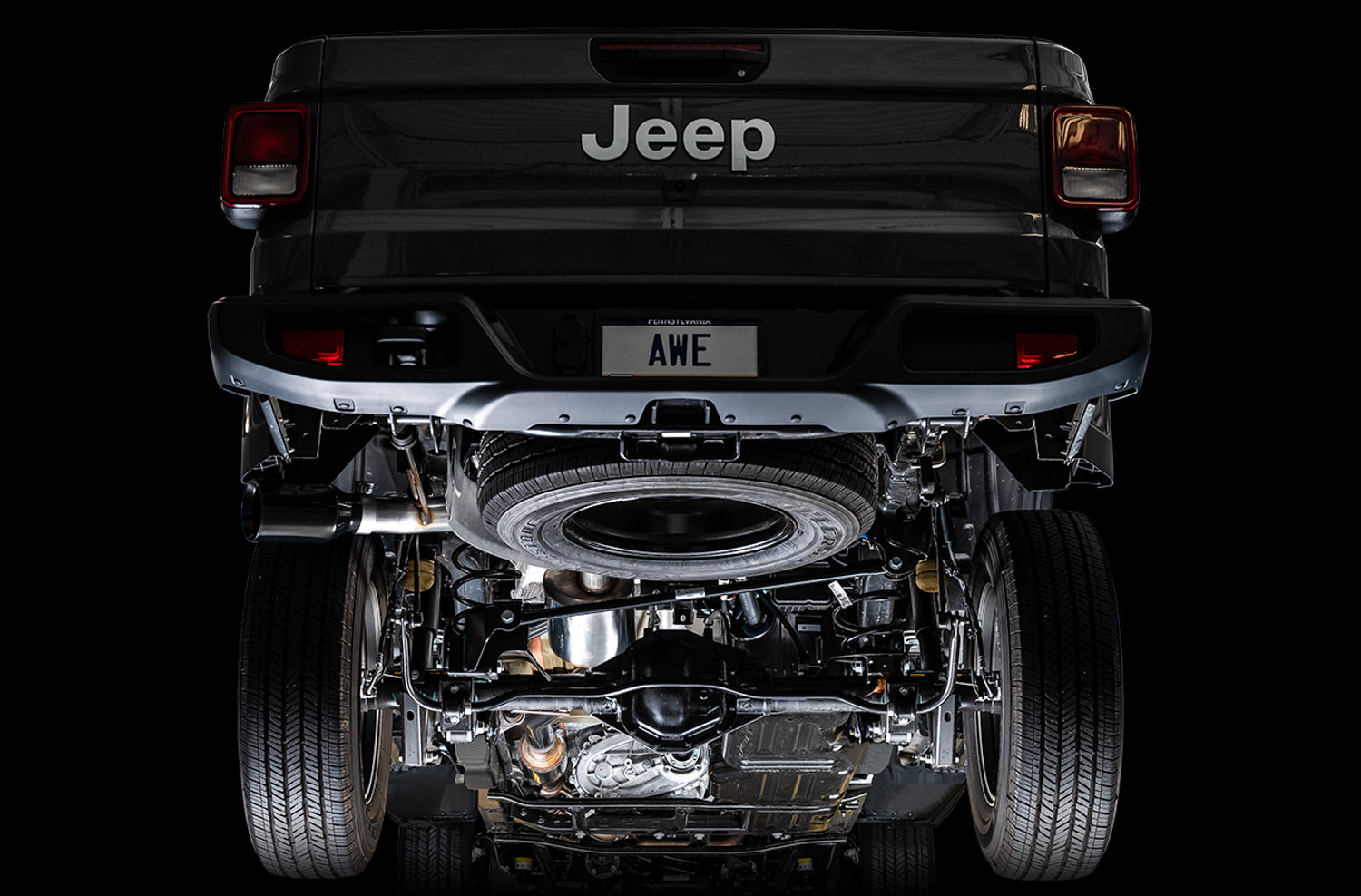 AWE Tread Edition Catback Single-Side Exhaust for Jeep JT 3.6L - Diamond Black Tip - out of package