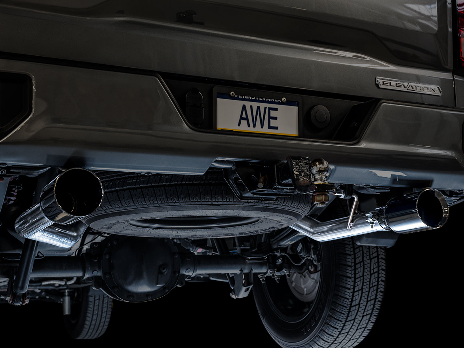 AWE 0FG Catback Split Rear Exit Exhaust for 4th Gen Silverado/Sierra 1500 5.3L (Flat Bumper) - Dual Diamond Black Tips - out of package
