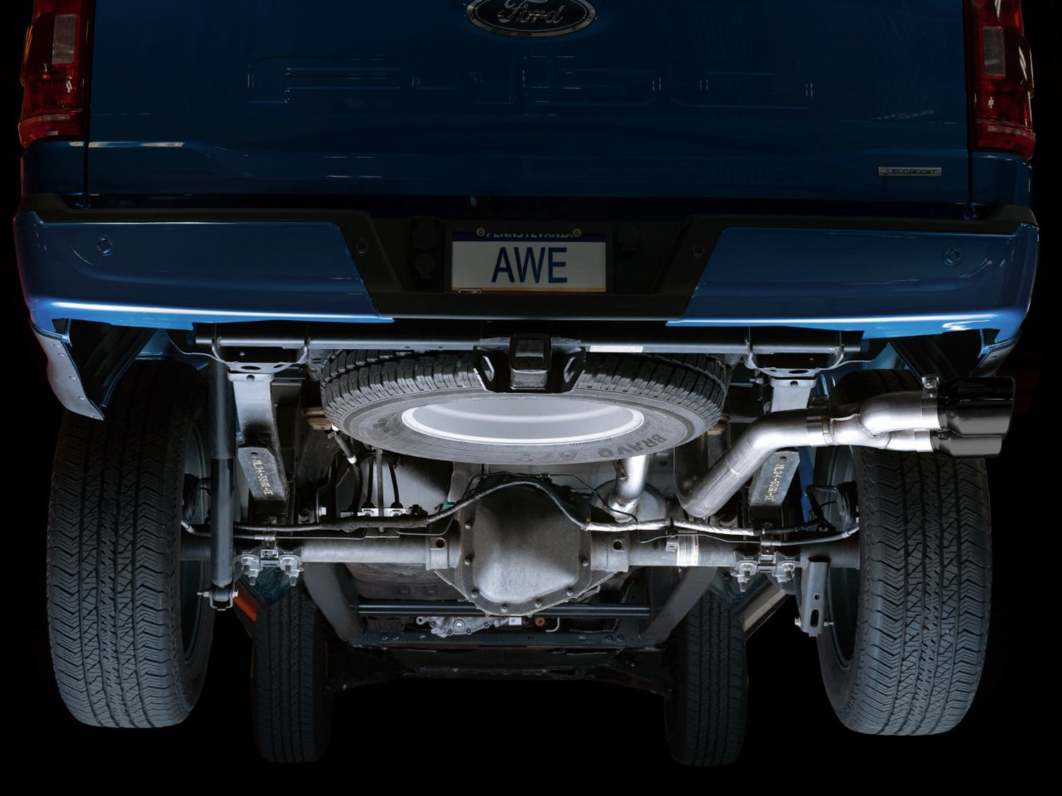 AWE 0FG Dual Side Exit Exhaust for '21+ Ford F-150 - 4.5" Diamond Black Tips - Mounted