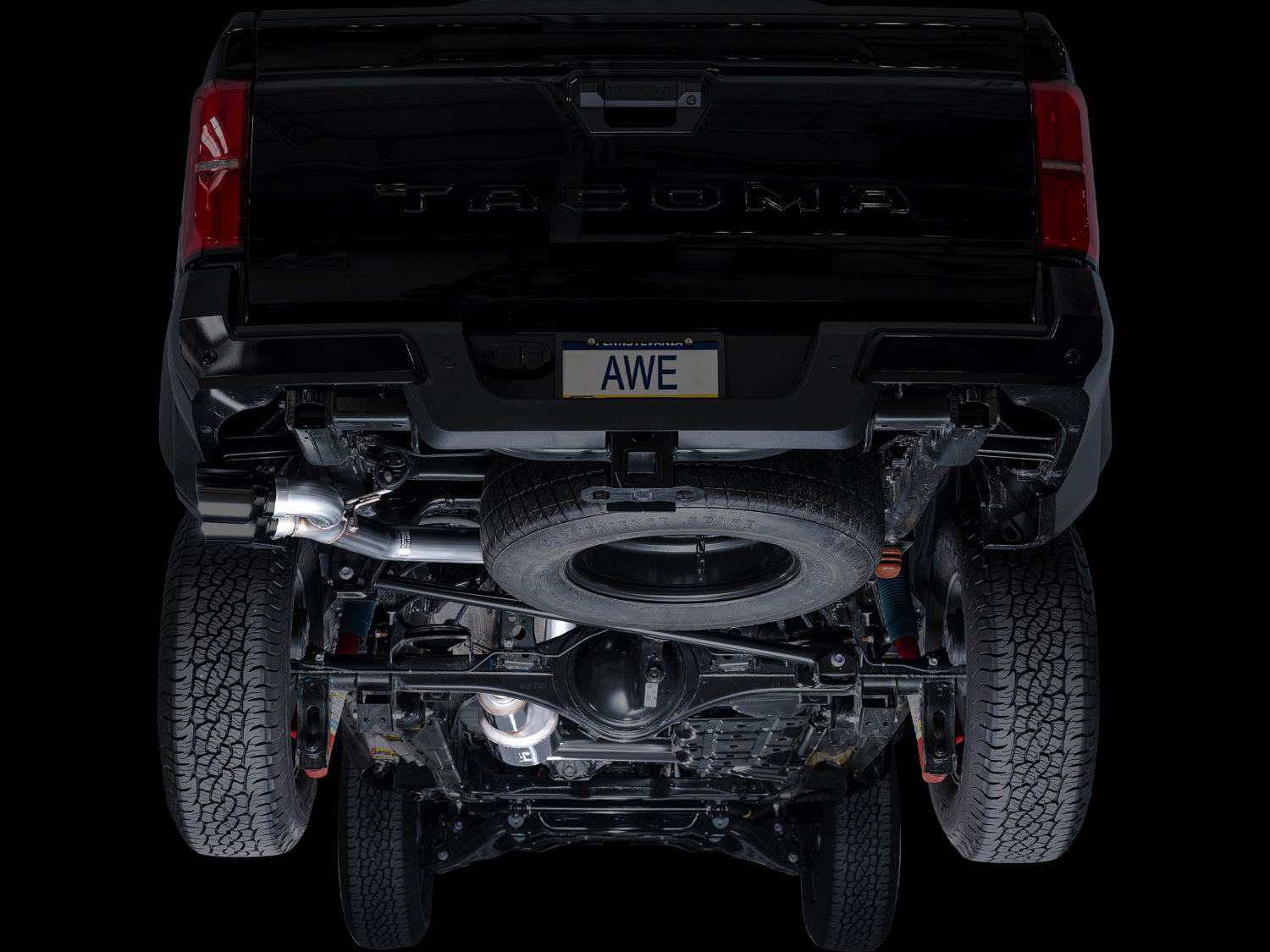 AWE 0FG Exhaust for 4th Gen Toyota Tacoma - Dual Diamond Black Tips - Mounted