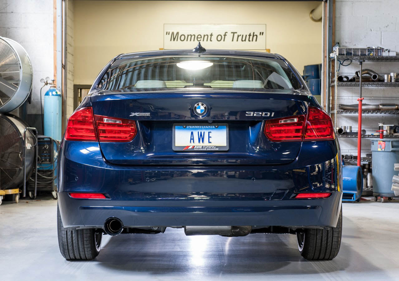 AWE Touring Edition Exhaust + Performance Mid Pipe for BMW F30 320i, Single Side - Diamond Black Tip (102mm) - Mounted