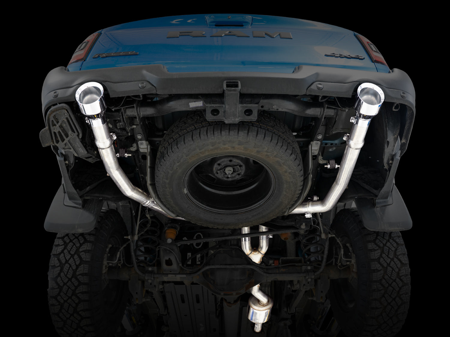 AWE 0FG Dual Rear Exit Catback for 5th Gen RAM 1500 5.7L (with bumper cutouts) - Chrome Silver Tips - Mounted