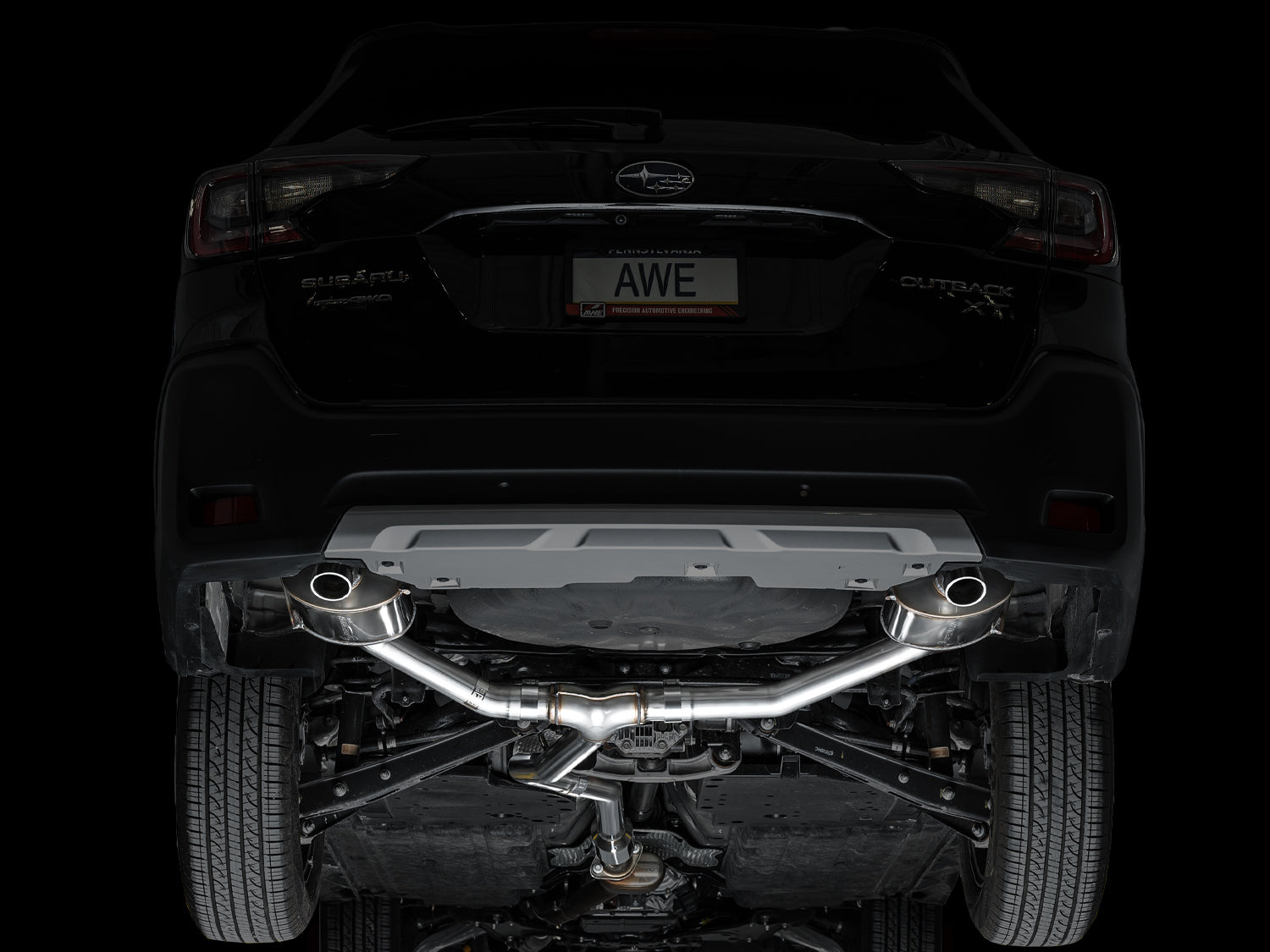 AWE 0FG Exhaust for Subaru Outback 2.4T - Dual BashGuards - Mounted
