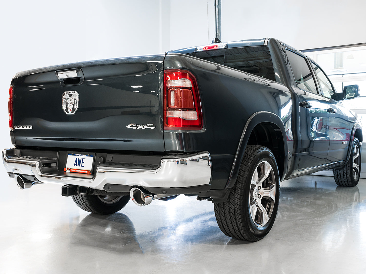 AWE 0FG Dual Rear Exit Catback for 5th Gen RAM 1500 5.7L (with bumper cutouts) - Chrome Silver Tips - Mounted