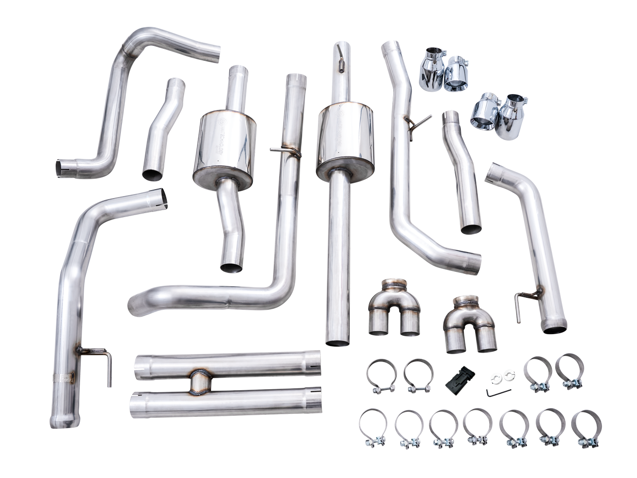 AWE 0FG Catback Split Rear Exit Exhaust for 4th Gen Silverado/Sierra 1500 6.2L (with bumper cutouts) - Quad Chrome Silver Tips - out of package