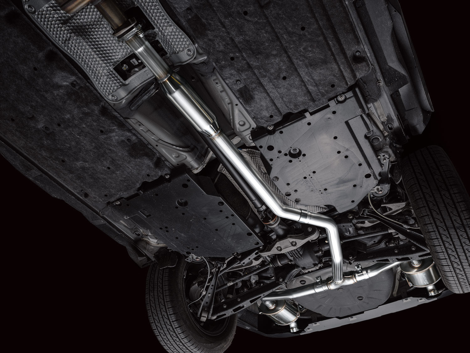 AWE 0FG Exhaust for Subaru Outback 2.4T - Dual BashGuards - Mounted