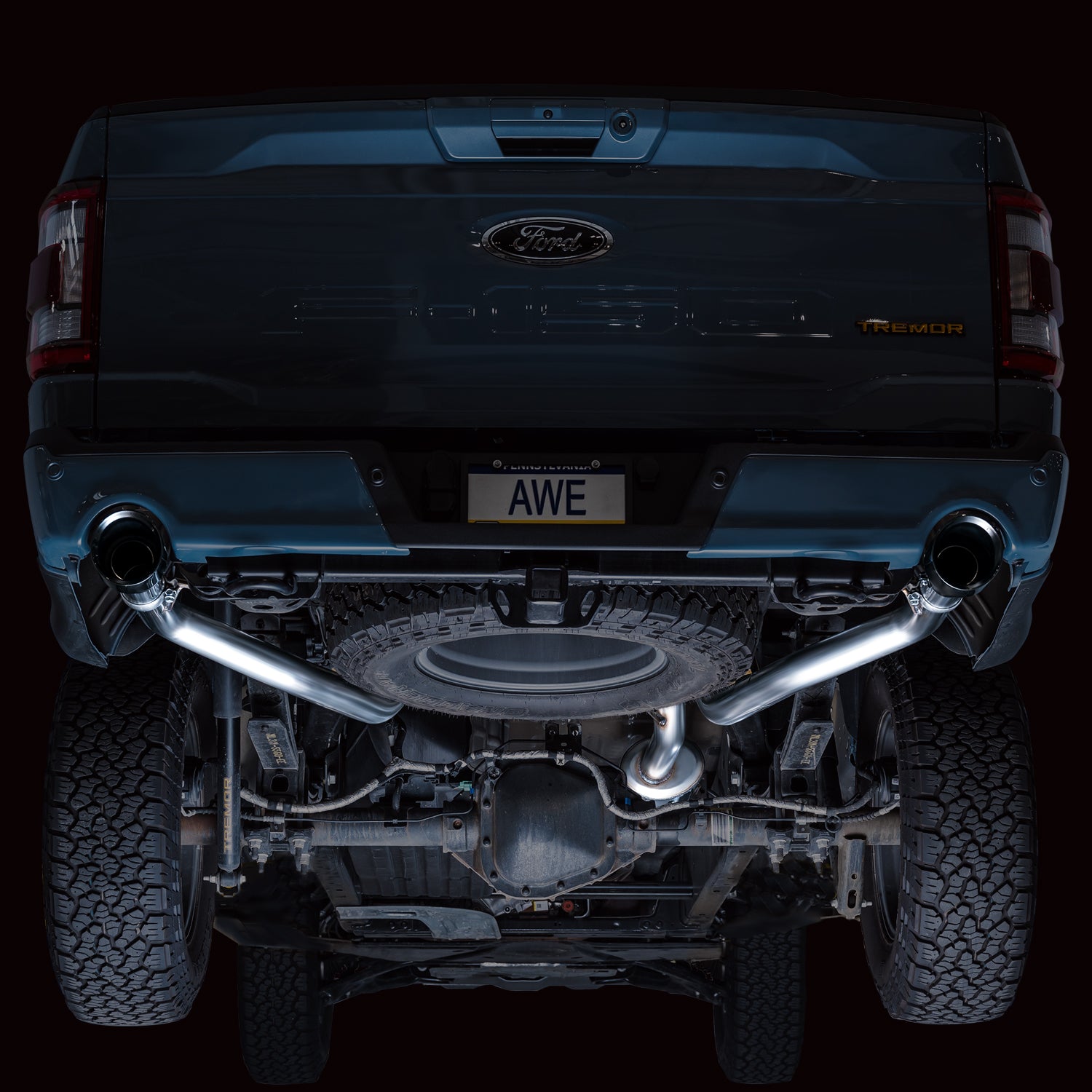 AWE 0FG Non-Resonated Catback for '21+ Ford F-150 Tremor (With Bumper Cutouts) - Diamond Black Tips - Mounted