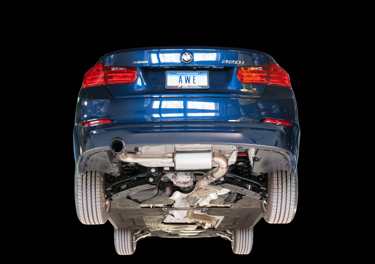 AWE Touring Edition Exhaust + Performance Mid Pipe for BMW F30 320i, Single Side - Diamond Black Tip (102mm) - Mounted