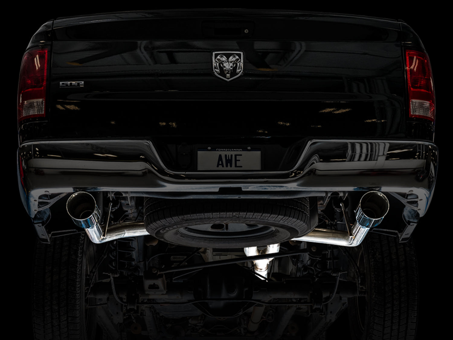 AWE 0FG Dual Rear Exit Catback for 4th Gen RAM 1500 5.7L (without bumper cutouts) - Chrome Silver Tips - Mounted