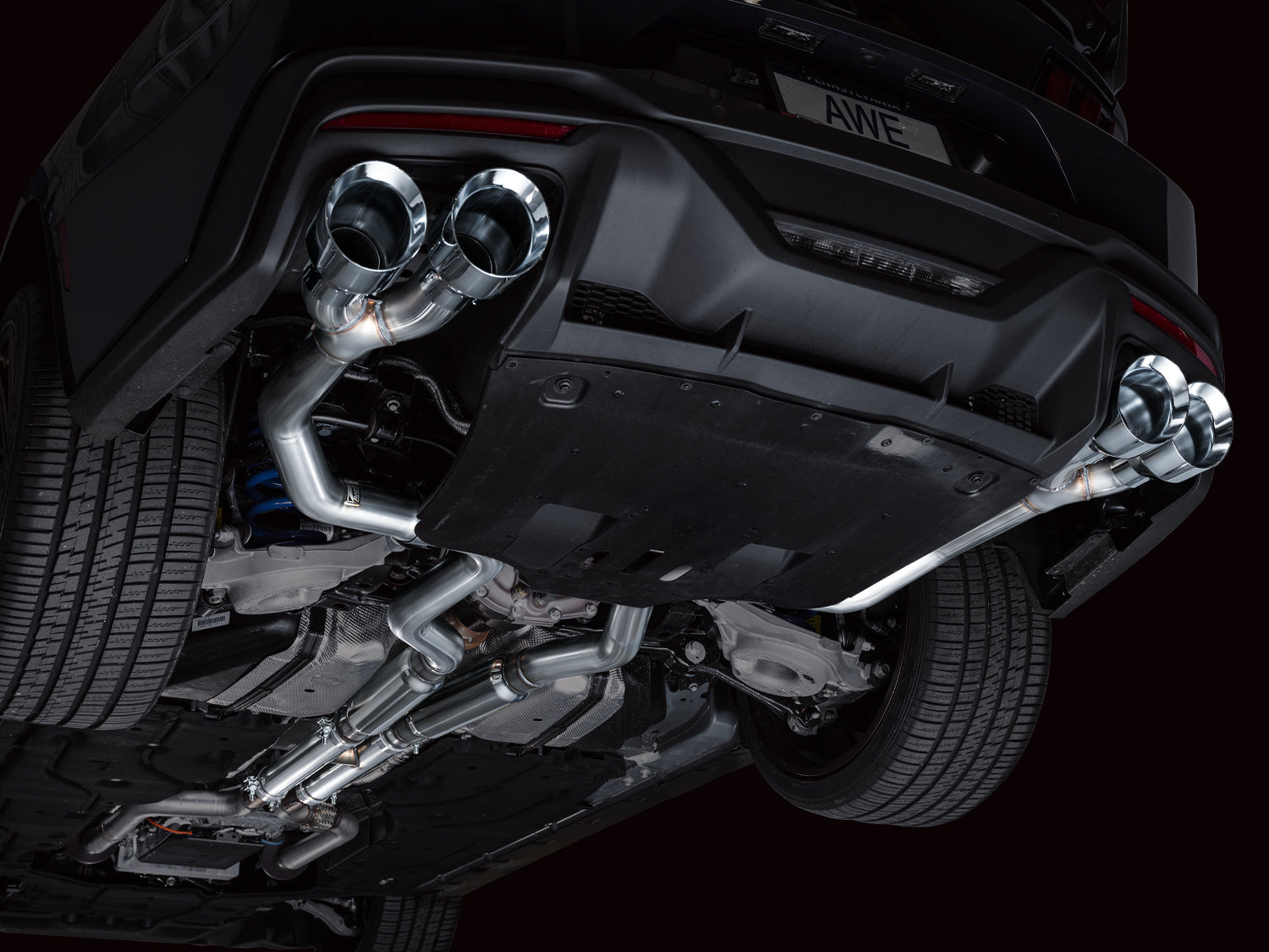 AWE Track Edition Exhaust for S650 Ford Mustang Dark Horse - Quad Chrome Silver Tips - Mounted