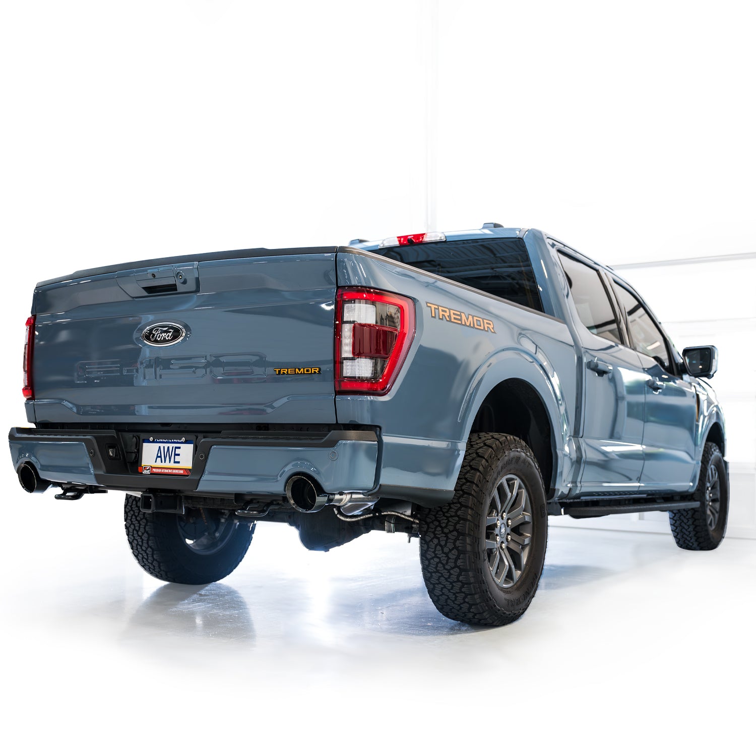 AWE 0FG Resonated Catback for '21+ Ford F-150 Tremor (With Bumper Cutouts) - Diamond Black Tips - Mounted