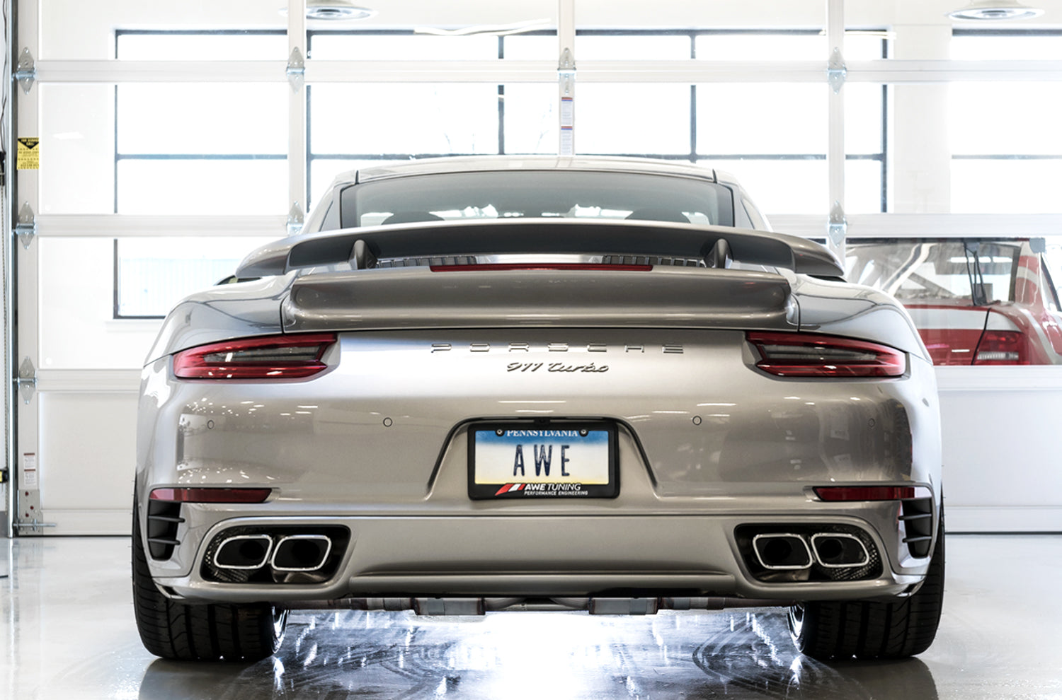 AWE Performance Exhaust and High-Flow Cat Sections for Porsche 991.2 Turbo - Stock Tips - Mounted