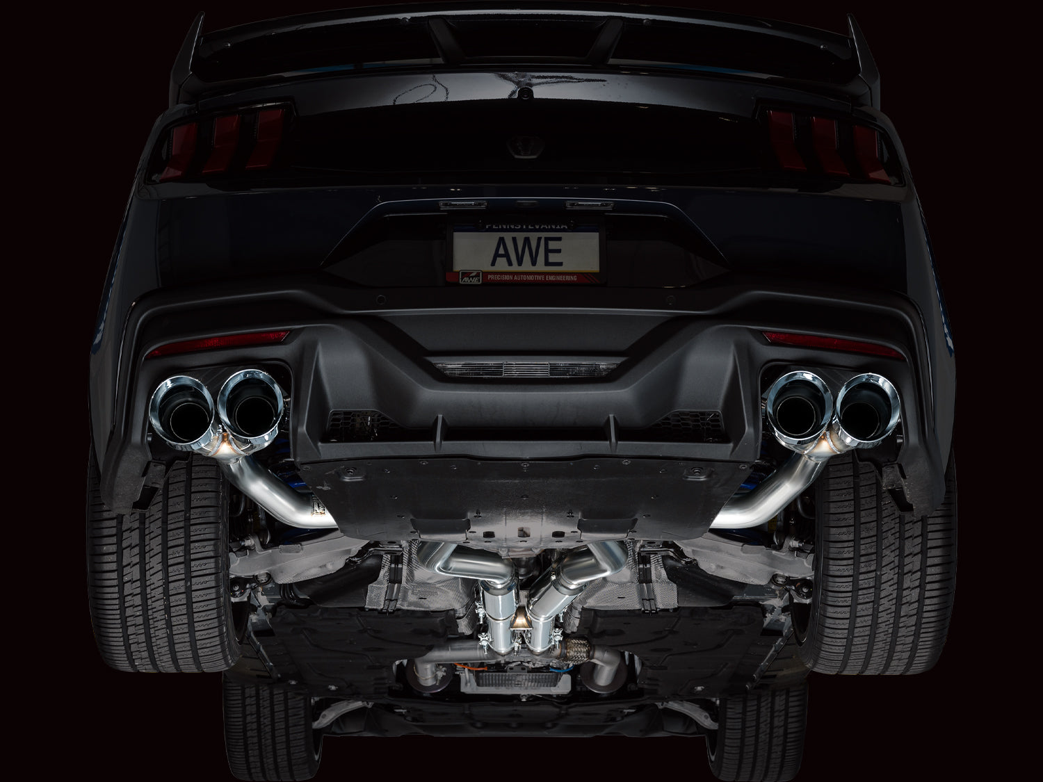 AWE Track Edition Exhaust for S650 Ford Mustang Dark Horse - Quad Chrome Silver Tips - Mounted