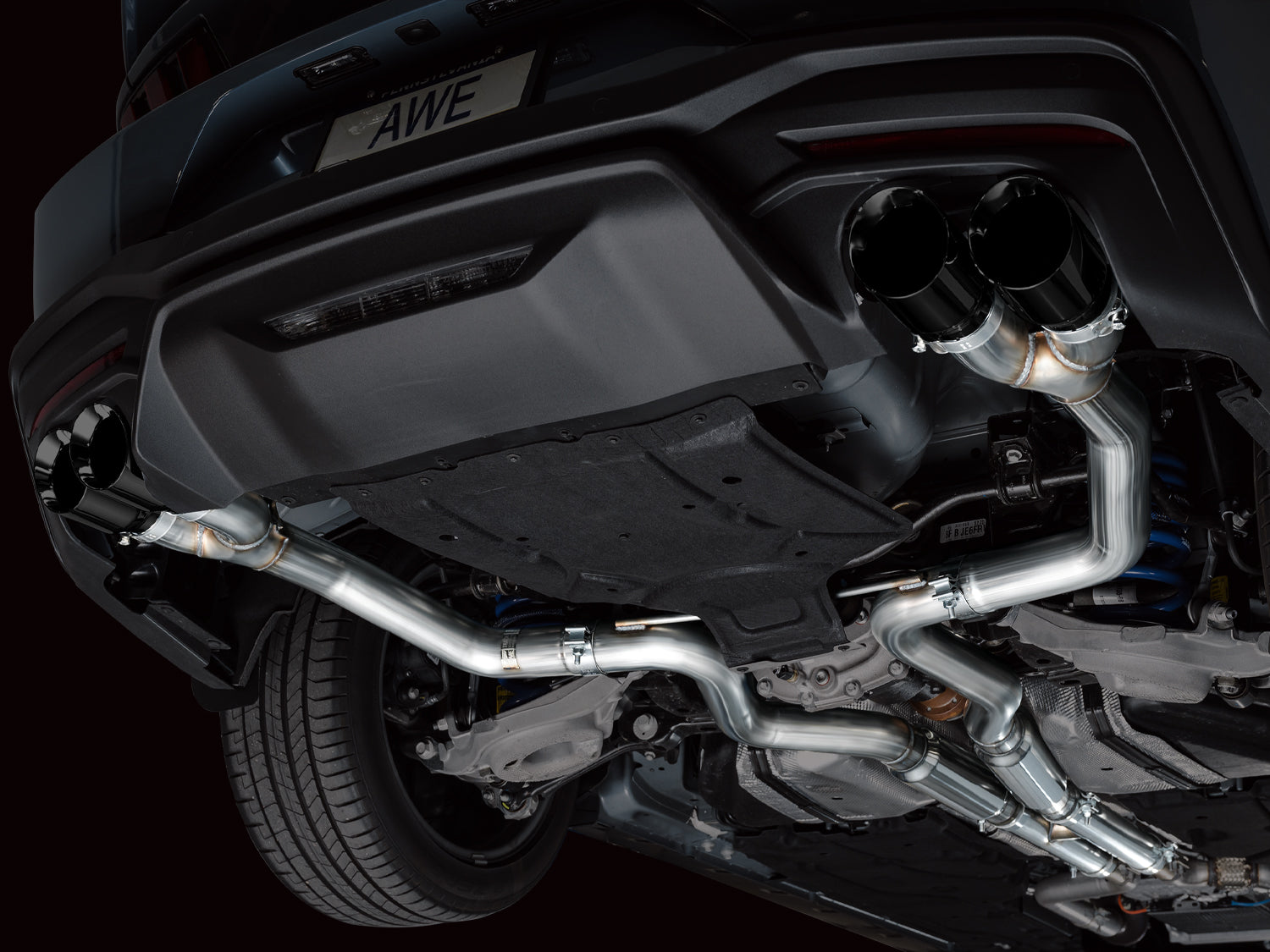 AWE Track Edition Exhaust for S650 Ford Mustang GT Fastback - Quad Diamond Black Tips - Mounted