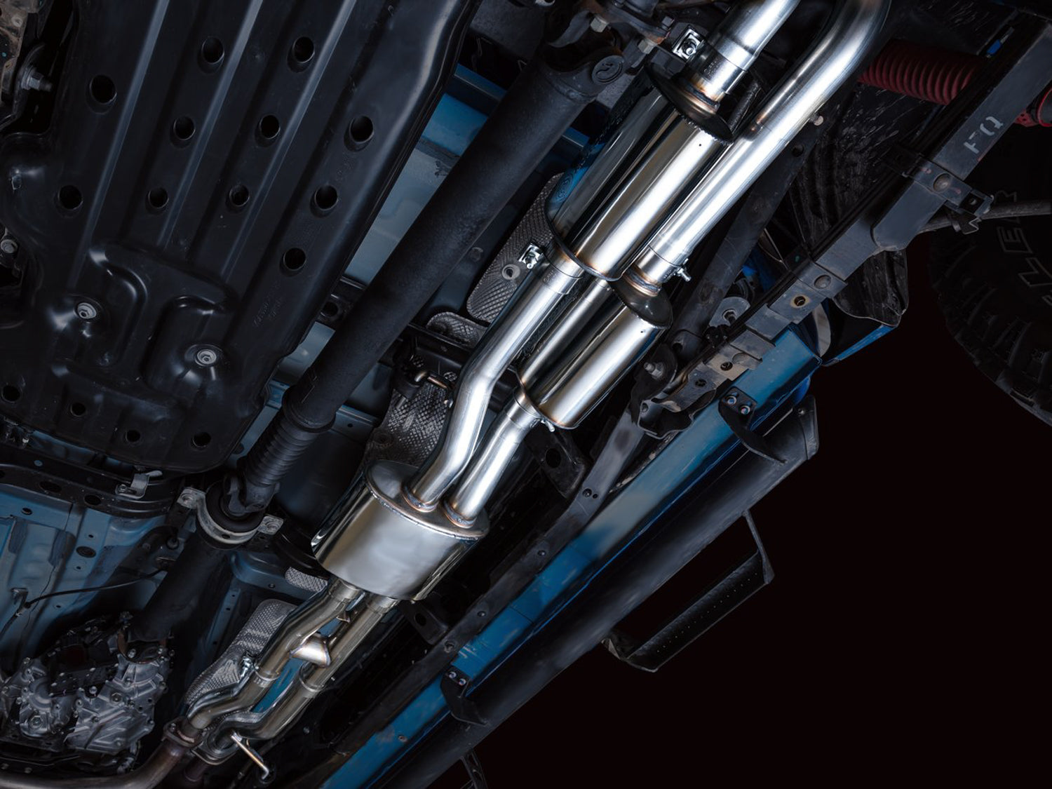 AWE 0FG Exhaust with BashGuard for 3rd Gen Tacoma - Dual Diamond Black Tips - Mounted