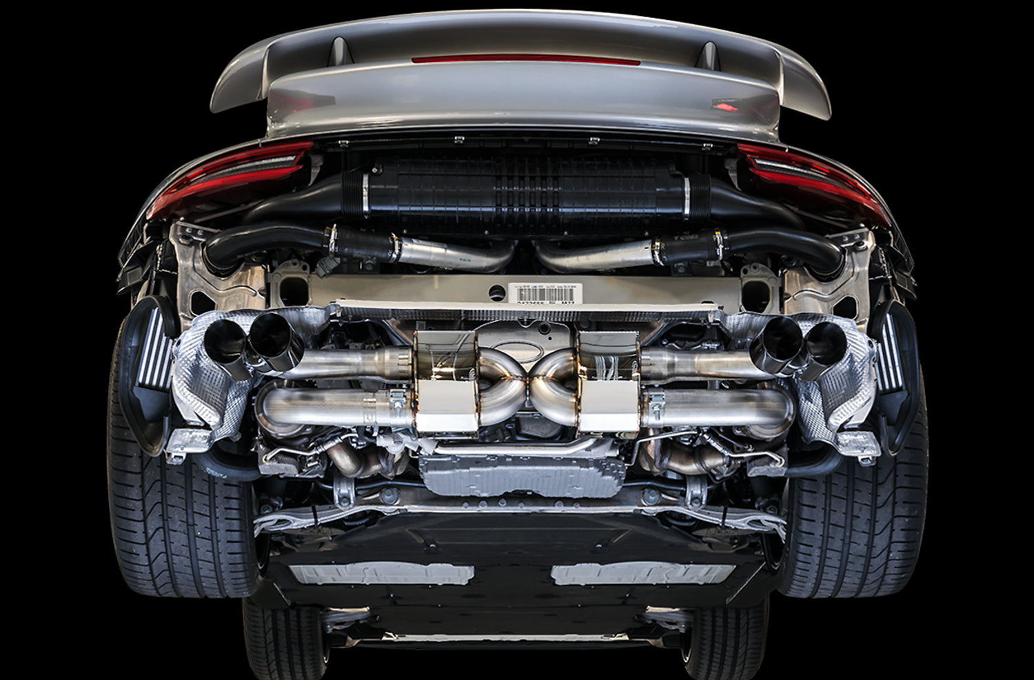 AWE Performance Exhaust and High-Flow Cat Sections for Porsche 991.2 Turbo - With Diamond Black Quad Tips - Mounted