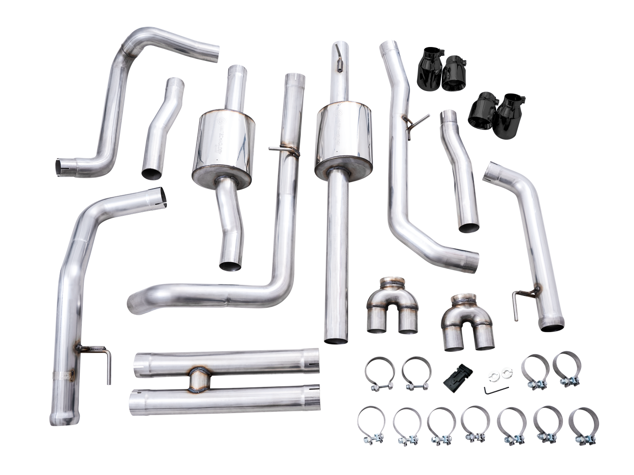 AWE 0FG Catback Split Rear Exit Exhaust for 4th Gen Silverado/Sierra 1500 6.2L (With Bumper Cutouts) - Quad Diamond Black Tips - out of package