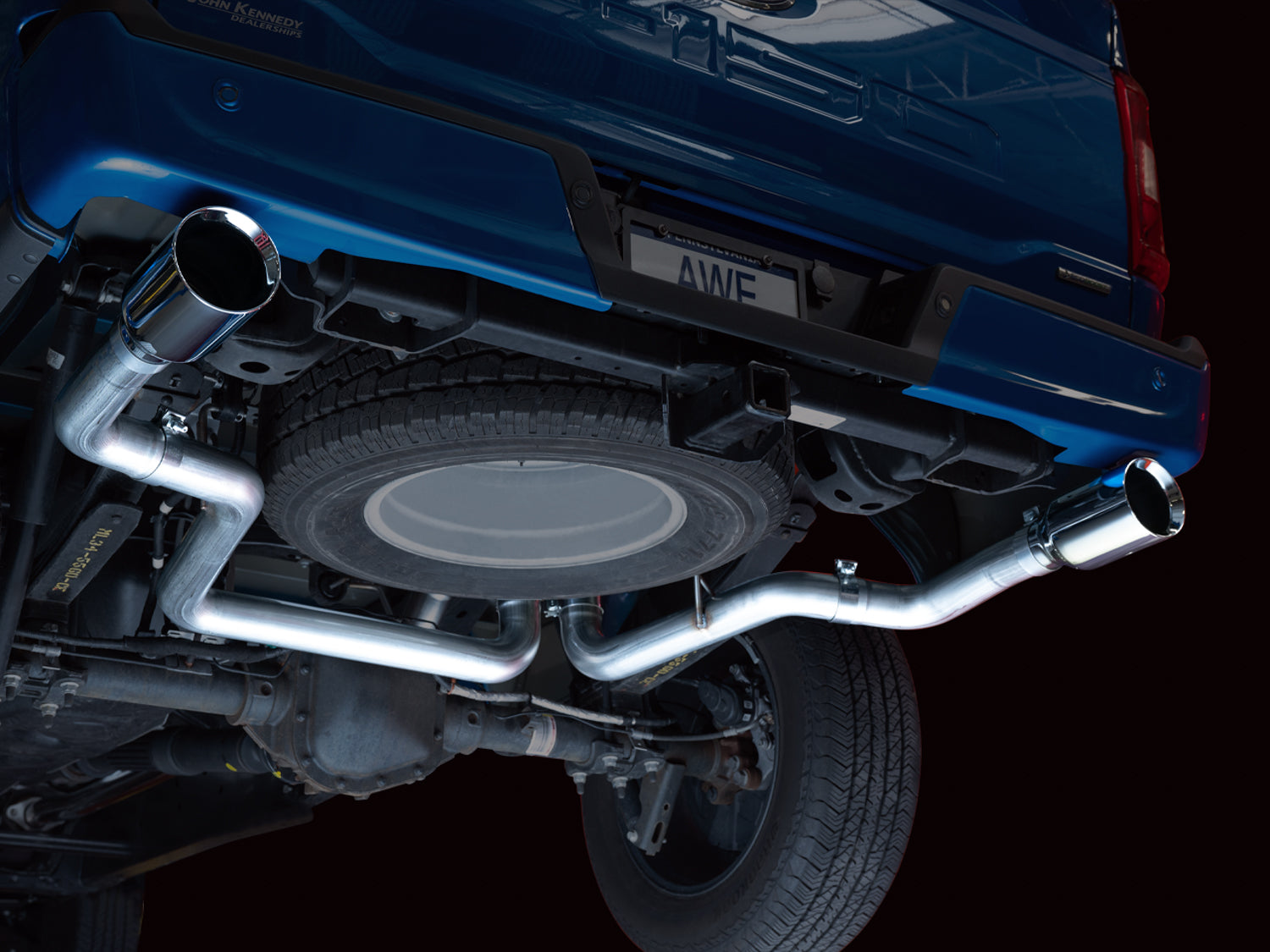 AWE 0FG Dual Split Rear Exhaust for '21+ Ford F-150 - 5" Chrome Silver Tips - Mounted