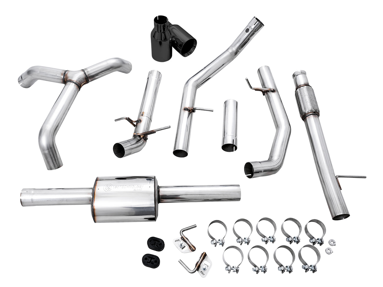 AWE 0FG Catback Split Rear Exit Exhaust for 4th Gen Silverado/Sierra 1500 5.3L (Flat Bumper) - Dual Diamond Black Tips - out of package