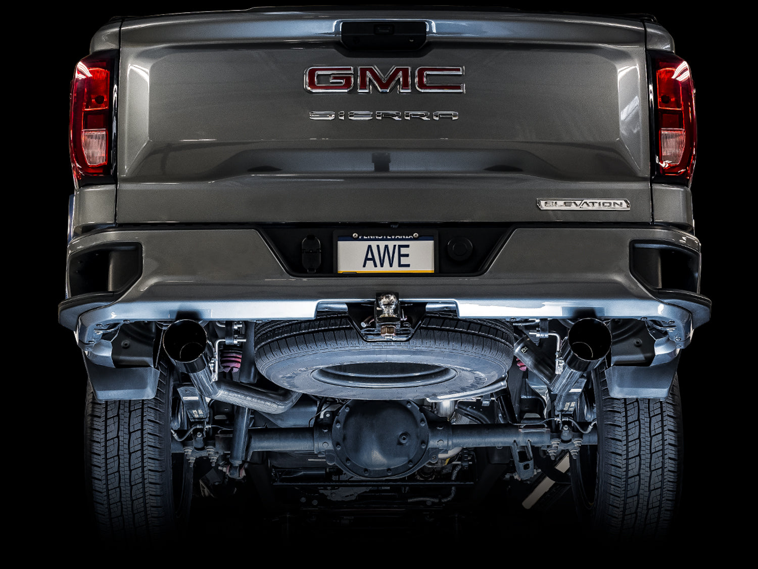 AWE 0FG Catback Split Rear Exit Exhaust for 4th Gen Silverado/Sierra 1500 5.3L (Flat Bumper) - Dual Diamond Black Tips - Mounted