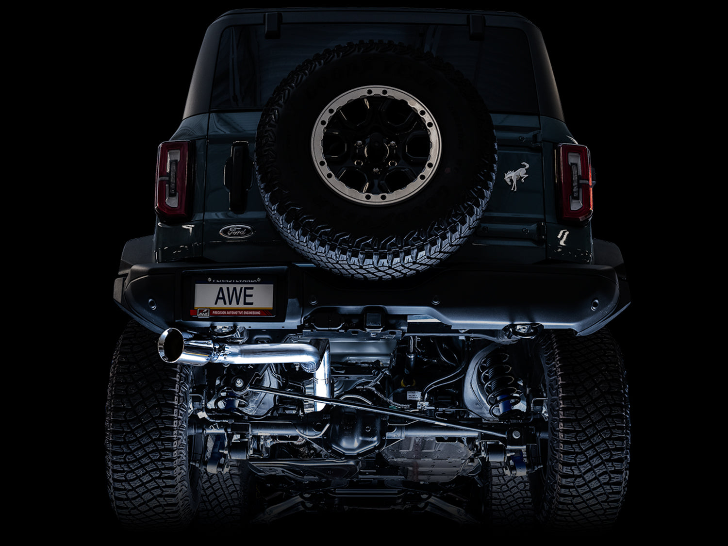 AWE 0FG Catback Exhaust for Ford Bronco with BashGuard™ - Single 5" Chrome Silver Tip - Mounted