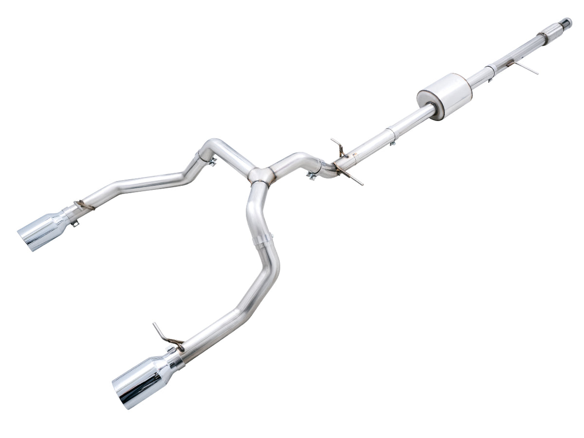 AWE 0FG Catback Split Rear Exit Exhaust for 4th Gen Silverado/Sierra 1500 5.3L (Flat Bumper) - Dual Chrome Silver Tips - Primary