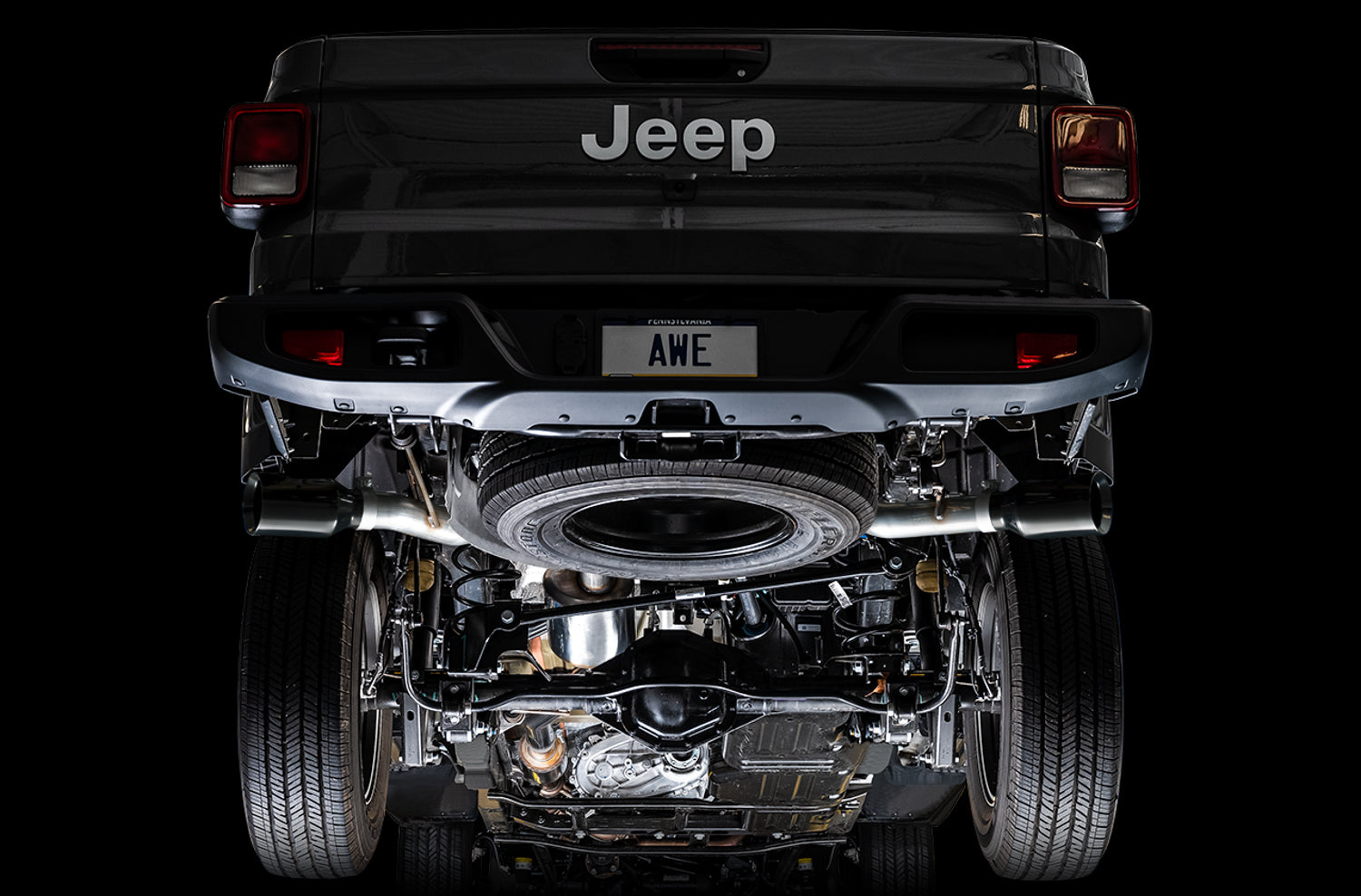 AWE Tread Edition Catback Dual Exhaust for Jeep JT 3.6L - Diamond Black Tips - out of package