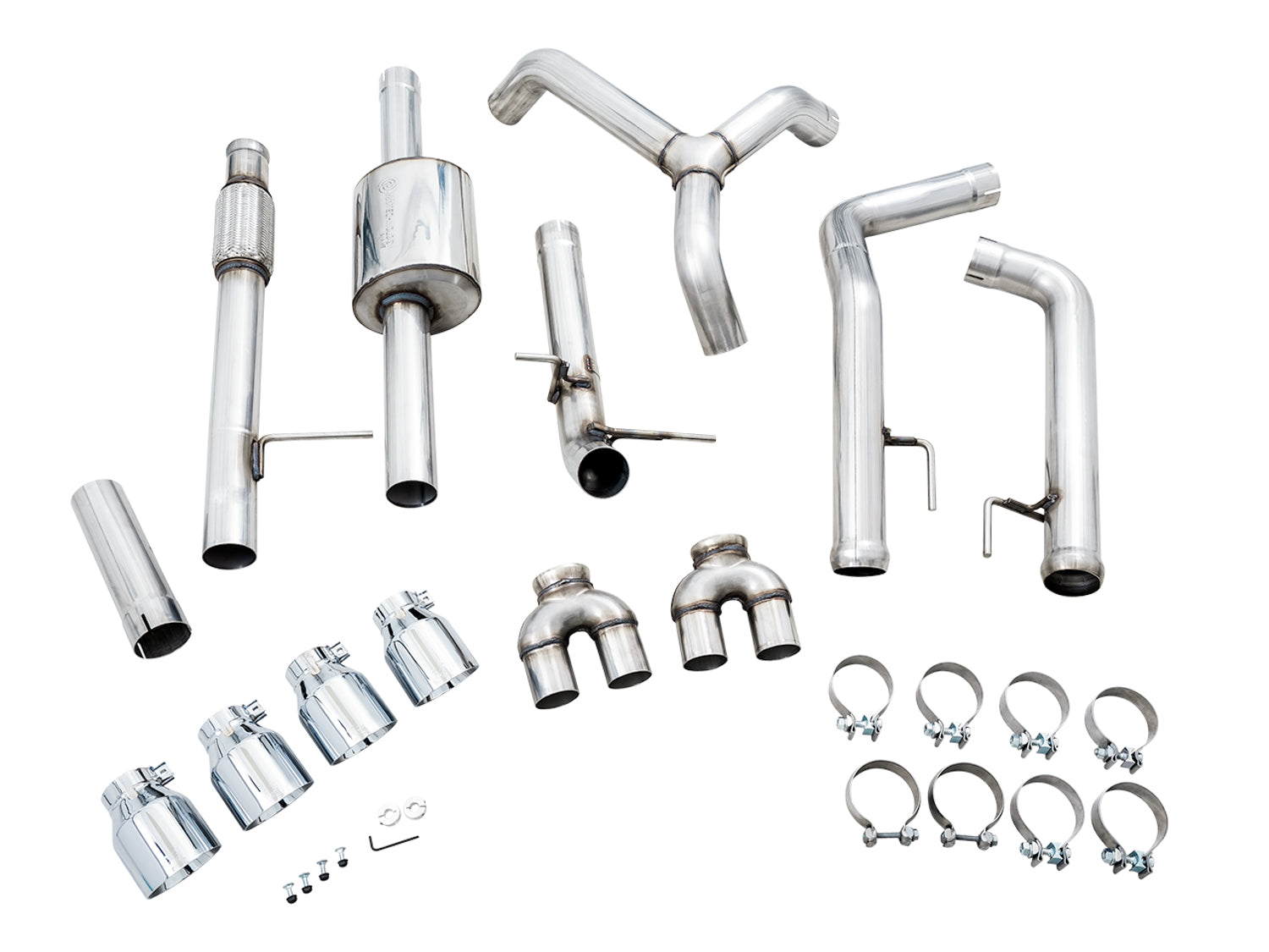 AWE 0FG Catback Split Rear Exit Exhaust for 4th Gen Silverado/Sierra 1500 5.3L (With Bumper Cutouts) - Quad Chrome Silver Tips - out of package