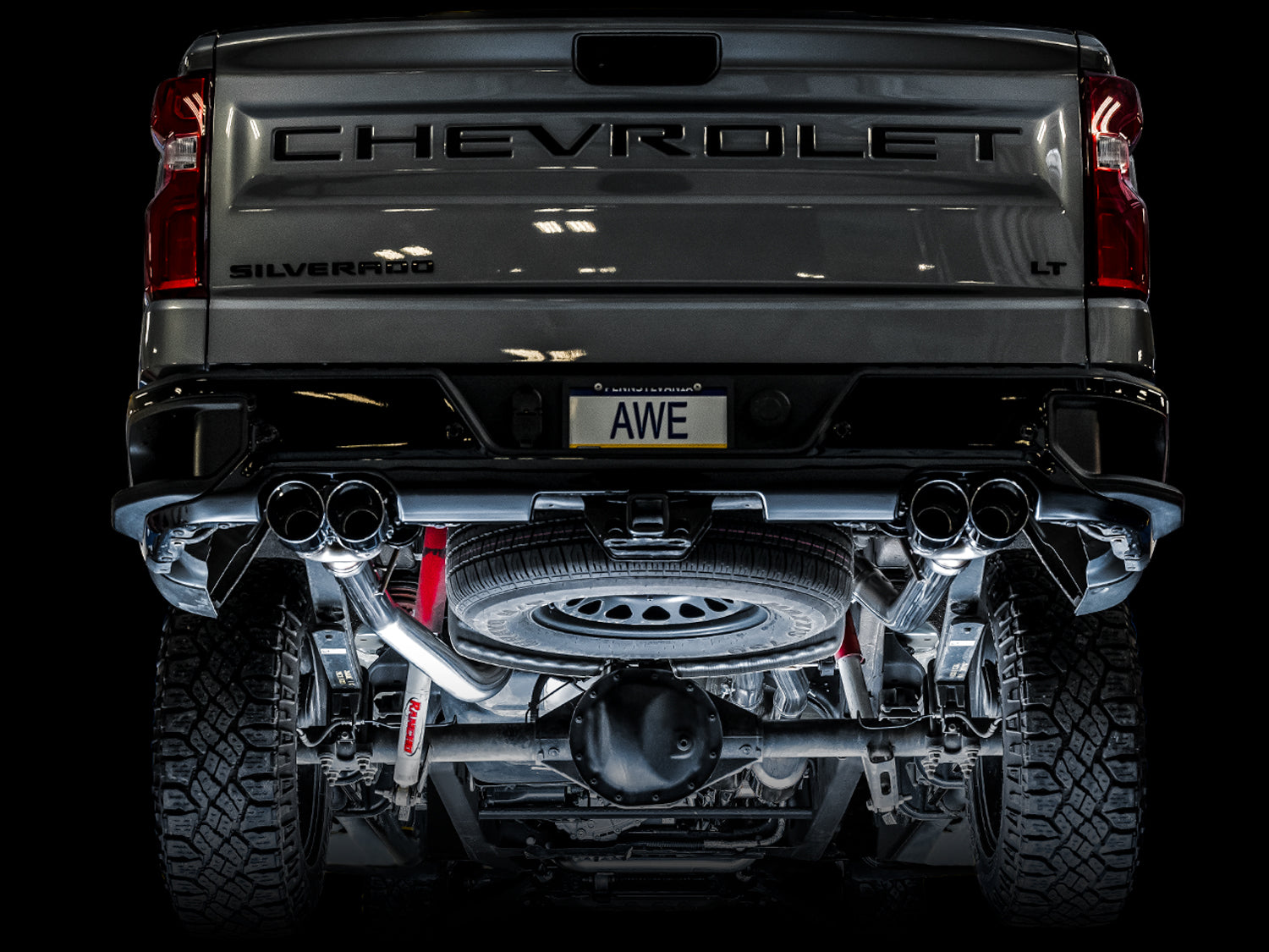 AWE 0FG Catback Split Rear Exit Exhaust for 4th Gen Silverado/Sierra 1500 6.2L (with bumper cutouts) - Quad Chrome Silver Tips - Mounted