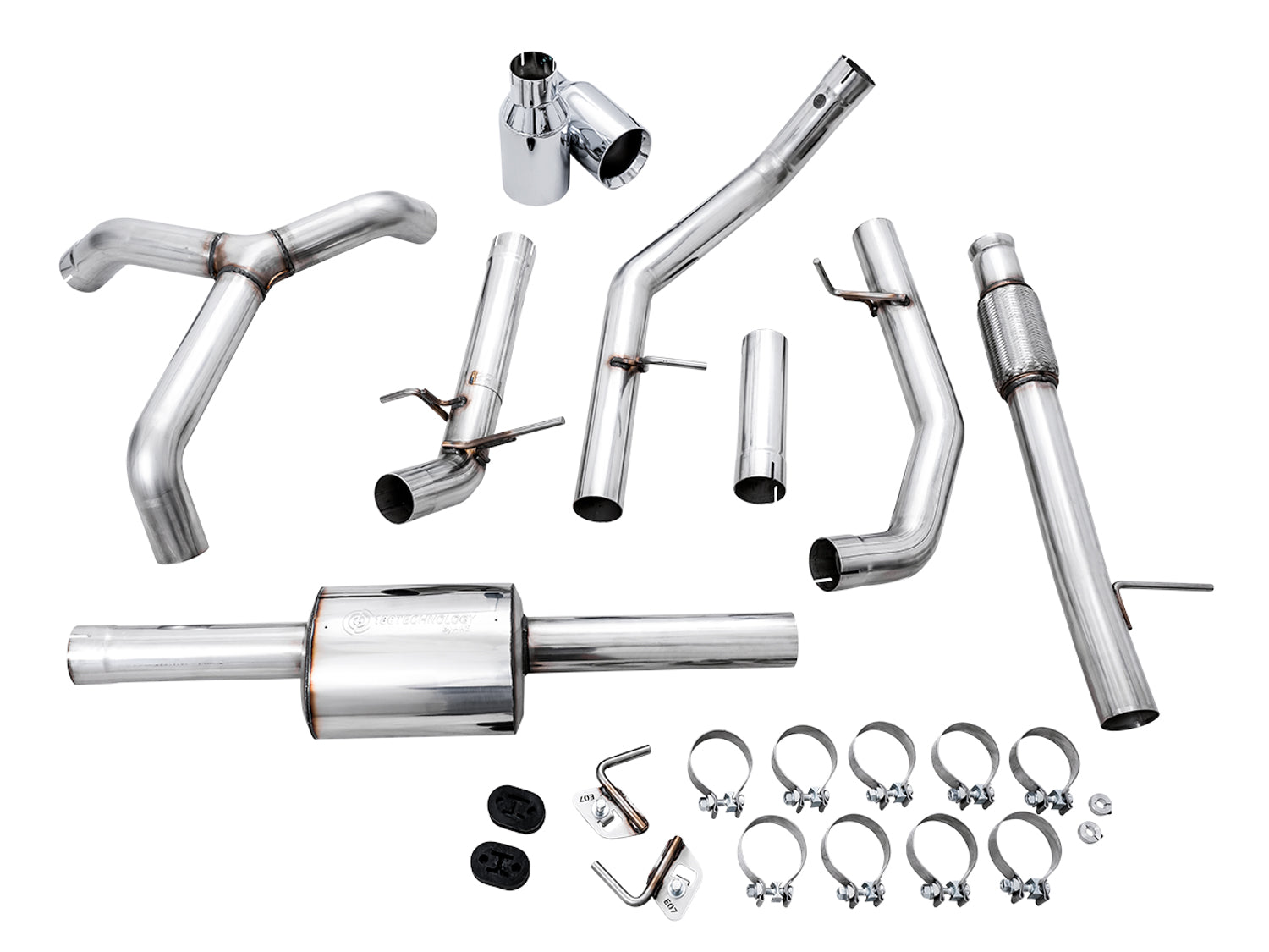AWE 0FG Catback Split Rear Exit Exhaust for 4th Gen Silverado/Sierra 1500 5.3L (Flat Bumper) - Dual Chrome Silver Tips - out of package