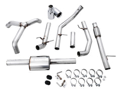 AWE 0FG Catback Split Rear Exit Exhaust for 4th Gen Silverado/Sierra 1500 5.3L (Flat Bumper) - Dual Chrome Silver Tips - out of package