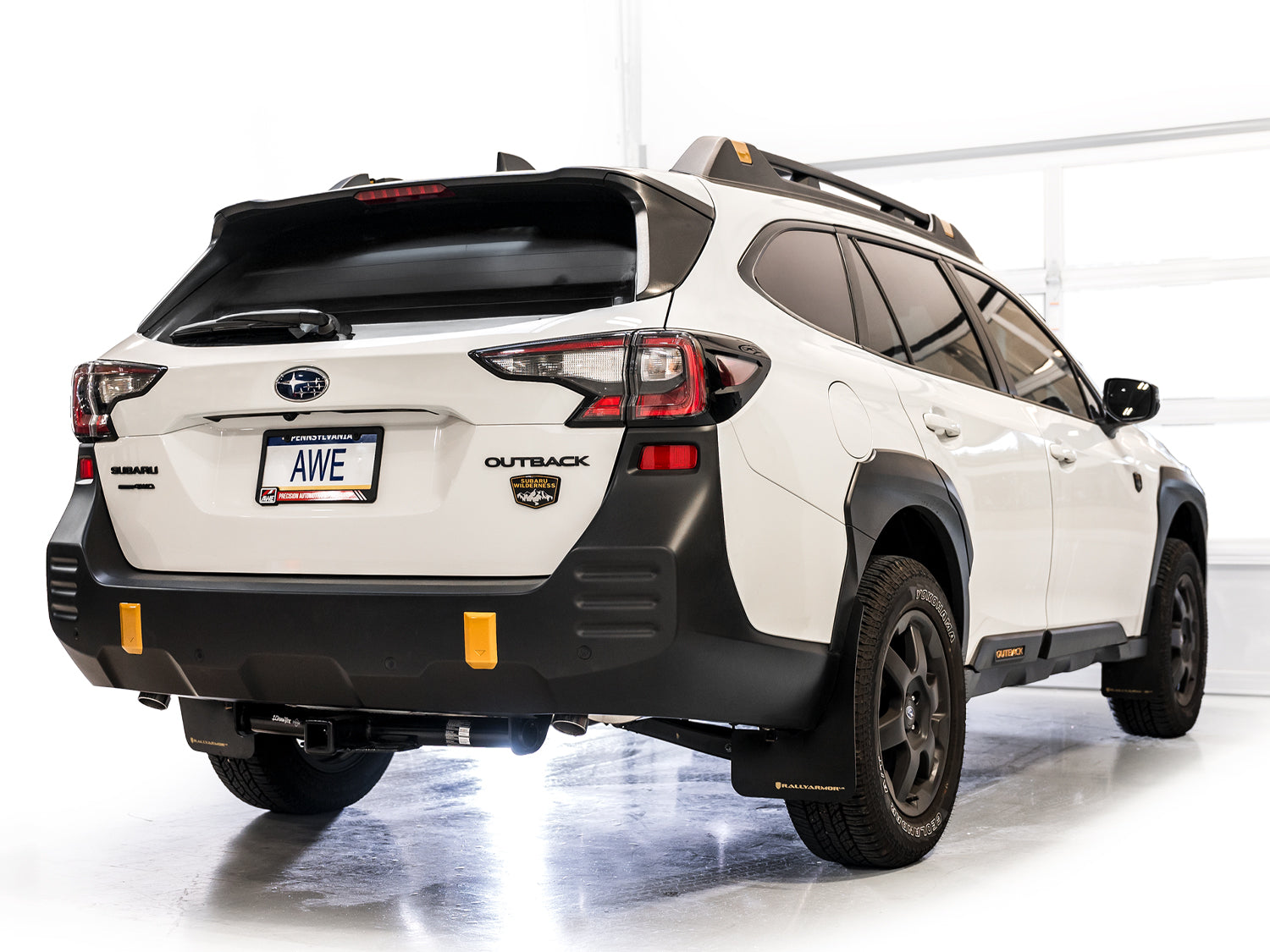 AWE 0FG Exhaust for Subaru Outback 2.4T - Dual BashGuards - Mounted