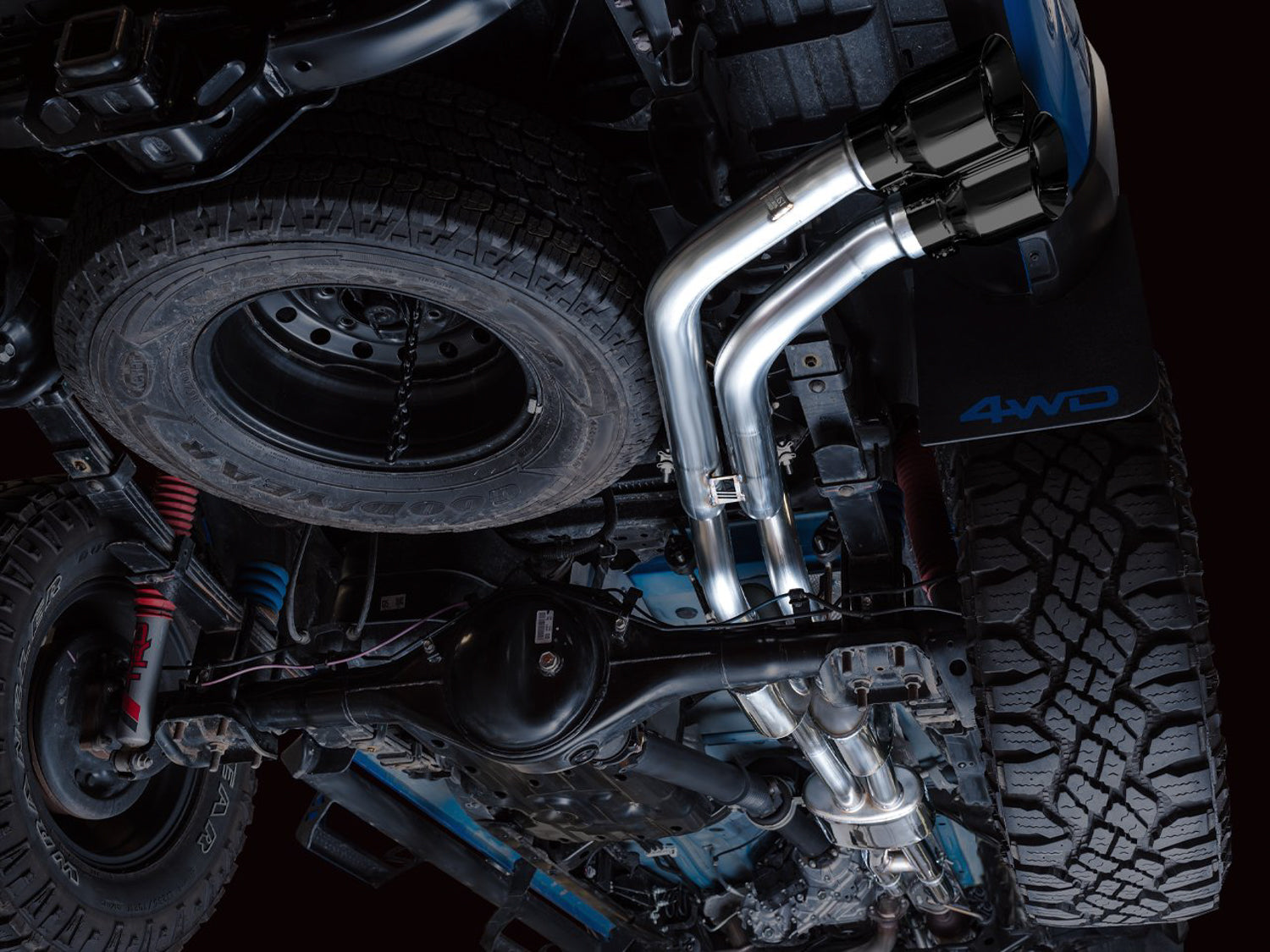 AWE 0FG Exhaust with BashGuard for 3rd Gen Tacoma - Dual Diamond Black Tips - Mounted