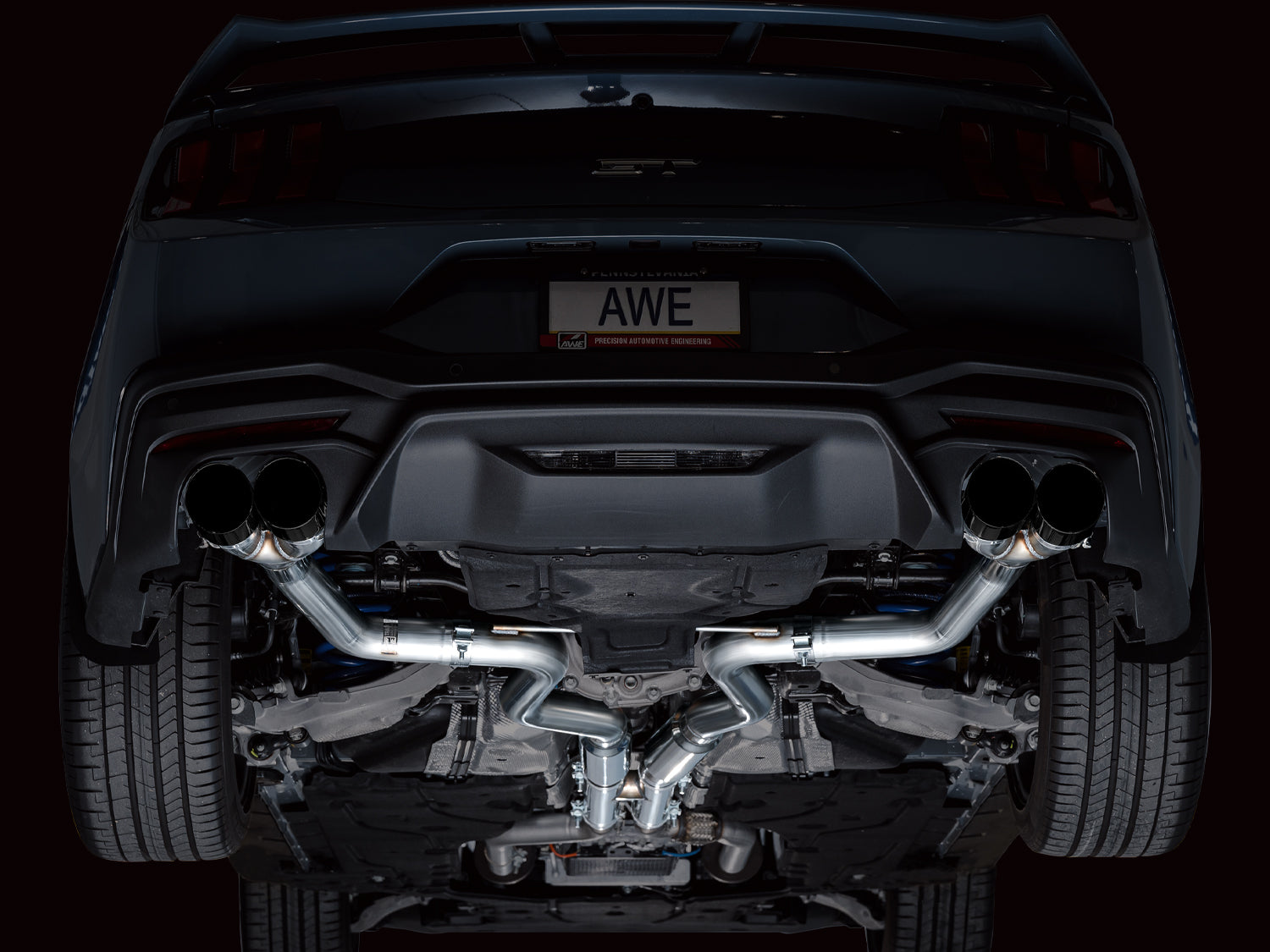 AWE Track Edition Exhaust for S650 Ford Mustang GT Fastback - Quad Diamond Black Tips - Mounted