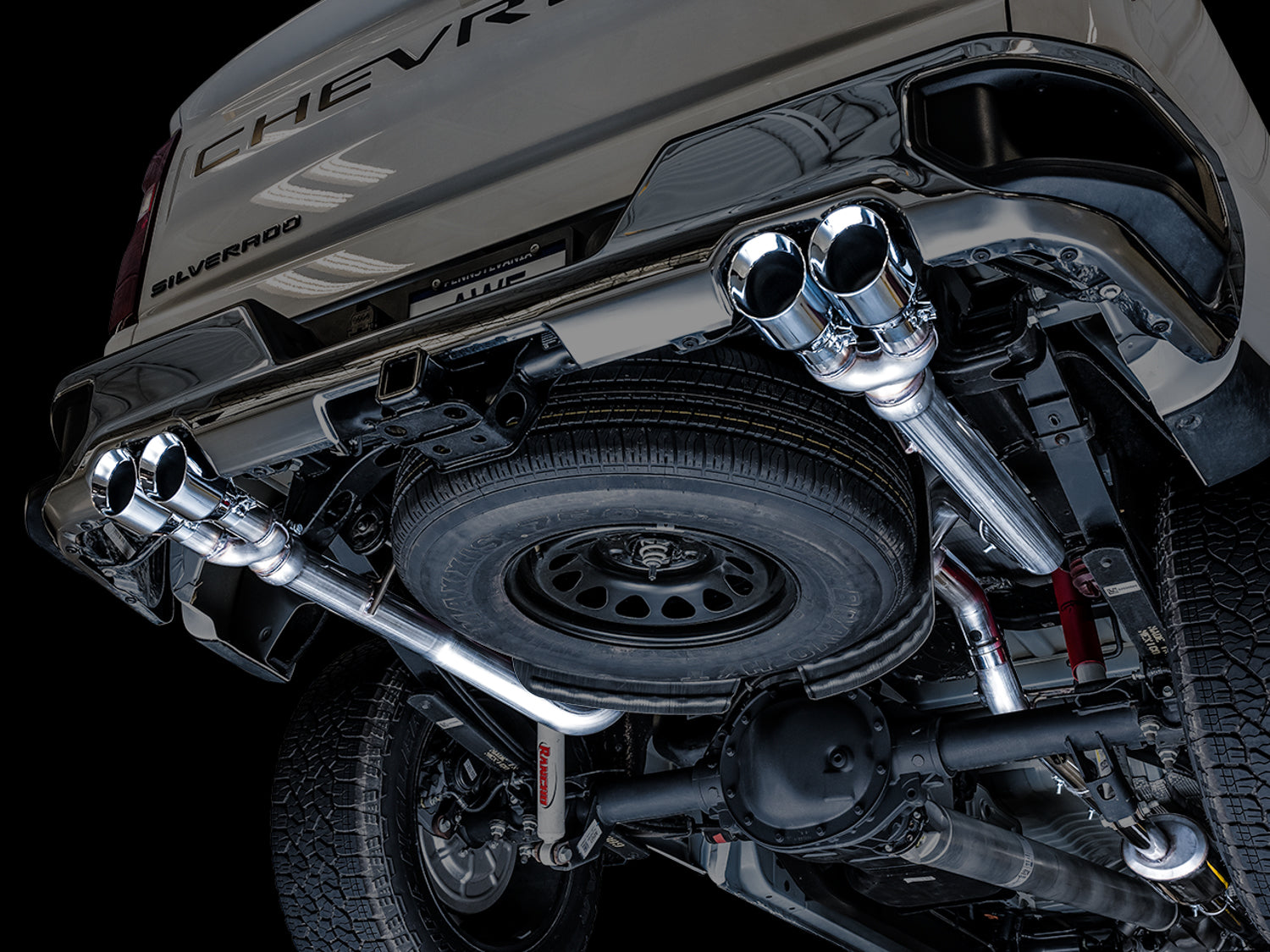 AWE 0FG Catback Split Rear Exit Exhaust for 4th Gen Silverado/Sierra 1500 5.3L (With Bumper Cutouts) - Quad Chrome Silver Tips - Mounted