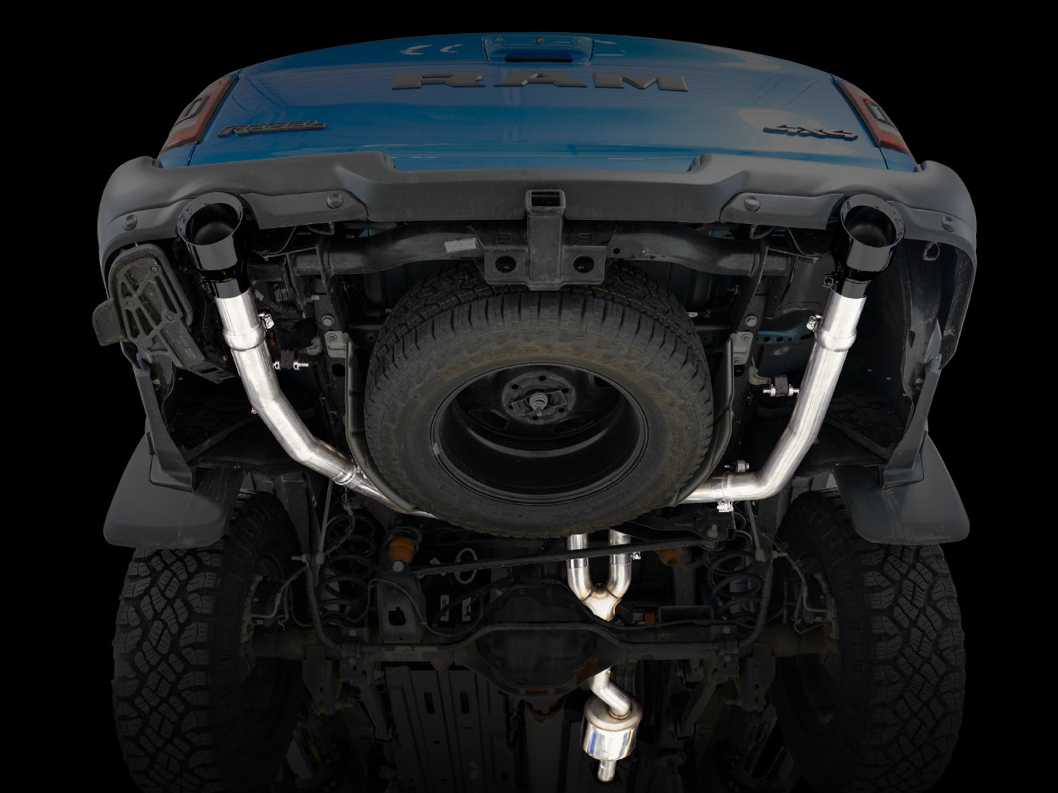 AWE 0FG Dual Rear Exit Catback for 5th Gen RAM 1500 5.7L (with bumper cutouts) - Diamond Black Tips - out of package
